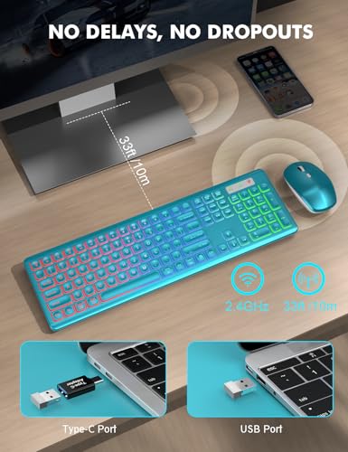 Image of Wireless Keyboard and Mouse Combo, RGB Backlit, Rechargeable & Light Up Letters, Full-Size, Soft Typing, Sleep Mode, 2.4GHz Quiet Keyboard Set for Mac, Windows, Laptop, PC, Trueque (Metallic Blue)