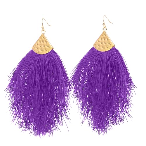 Fringe Feather Earrings for Women - Boho Tassel Jewellery (Purple)