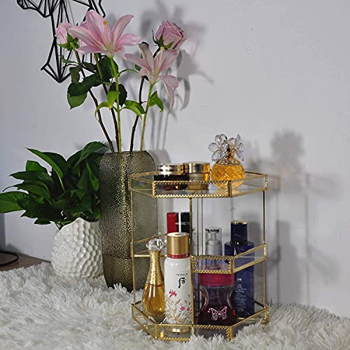Yamfurvo 360 Degree Rotation Makeup Organizer Antique Countertop Cosmetic Storage Case, Glass Beauty Display, Gold Spin Large Capacity Holder For Skincare Toner Makeup #TOP2