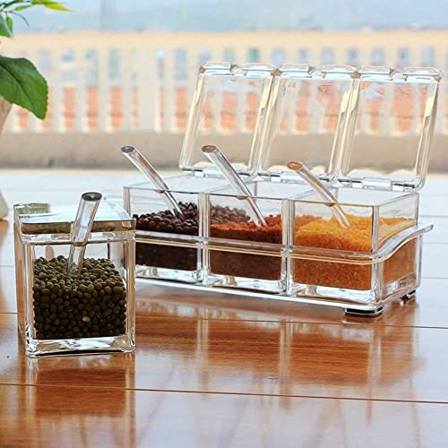 Image of FreshDcart Fdca389 Masala Container | Acrylic 4-Grid Transparent Masala Dabba | Spice Box with Serving Spoons for Masala, Salt, Pepper Storage (1 Pc, Beige)