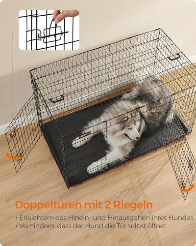 Feandrea Hundekäfig, klappbar, mit 2 Türen, ausziehbare Kunststoffschale, 136 x 79 x 87 cm, XXXL, schwarz PPD054B01