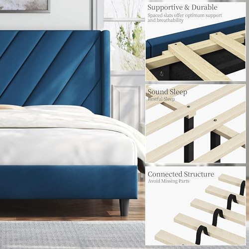 Image of Yaheetech Queen Bed Frame Upholstered Platform Bed with Wing Side /Wooden Slat Support /Tufted Headboard with Wing Side /Mattress Foundation /No Box Spring Needed,Blue Queen Bed