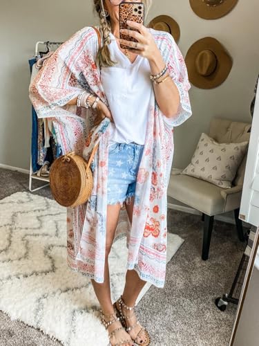 MayBuy Women's Summer Long Flowy Kimono Cardigans Boho Chiffon Beach Cover Up Tops3