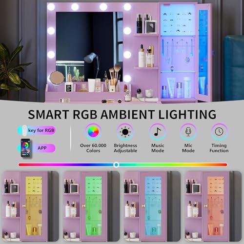 Image of Vanity Desk with Mirror and Lights, Makeup Vanity Table Set with 5 Storage Drawers, Power Outlet & Chair, Small Dressing Table with RGB Ambient Light, Adjustable Brightness for Girls Bedroom, Purple