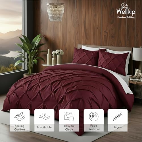 Image of Pinch Pleated Duvet Cover Set 1000TC 100% Cotton Premium 3-Pieces 1-Duvet Cover & 2-Pillow Cover Luxury Look Home and Hotel Zipper & 8-Tie Closure (Burgundy, Super King 100 X 108 Inch)