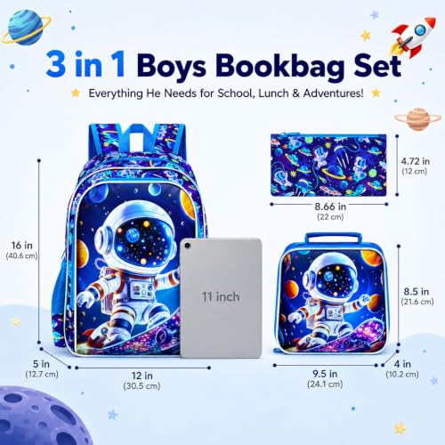 Image of 16 inch Space Boy Backpack, 3Pcs Astronaut Bookbag for Elementary Preschool Kindergarten, Kids School Backpacks with Lunch Box (Blue)