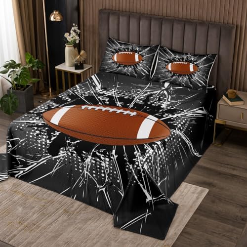 Homewish American Football Quilt Bedding Set Queen Size,3D Rugby Cool Modern Sports Games Bedspread Coverlet for Girls Teens,Grey White Dots Graffiti Soft Polyester Quilt Set, All Season