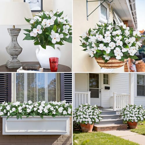 Image of Bassion 6 Bundles Artificial Flowers for Outdoors Fake Impatiens, White | UV resistant, silk flowers, no fade realistic faux plants, outside patio garden porch planters window box balcony home decor