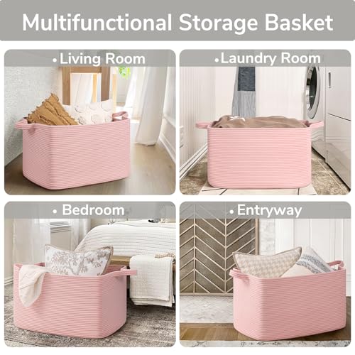 Goodpick Large Blanket Basket, Woven Baskets for Storage, Large Baskets for Organizing, Rectangle Toy Basket for Nursery, Bedroom, 21.6" x 14.9" x 11.8", Pink