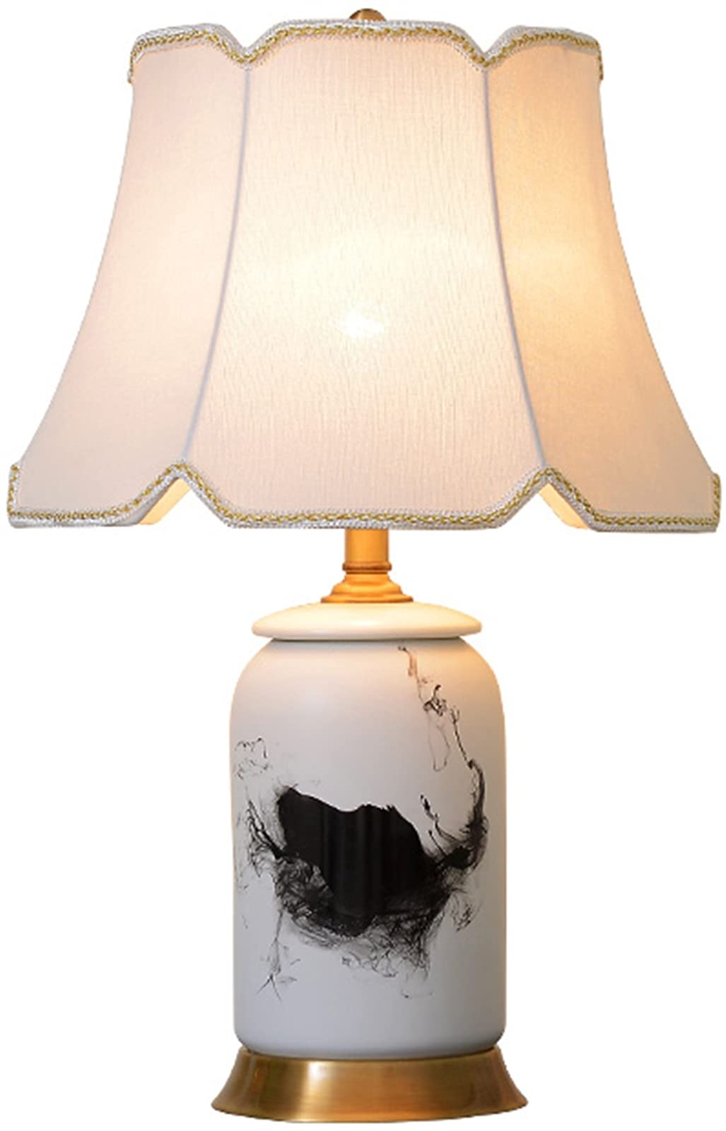SGKOMN Chinese Ceramic Table Lamp, Ink Printing Table Light, Double-Layer Cotton And Linen Lampshade, H65 Copper Base, Living Room, Bedroom Bedside, Hallway, Lounge, Room Decora
