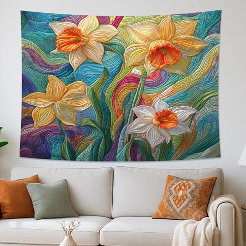 Spring Quilted Daffodil Flower Tapestry Wall Hanging, Floral Wildflower Tapestry for Bedroom, Small Large Fun Garden Wall Decor for Living Room Classroom Bedroom 60 * 50