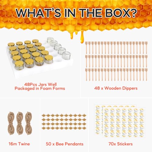 AuroTrends 3oz Honey Jars with Dipper 48Pack, Mini Honey Jars for Baby Shower Favors/Wedding Favors for Guests Bulk-Mini Glass Jars with Lids/Wooden Dippers (3 fl.oz-48Pack) - Image 5