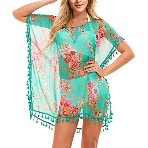 Mooncolour Sheer Floral Kimono Tassel Batwing Sleeve Bikinis Swimsuit Cover up Cover