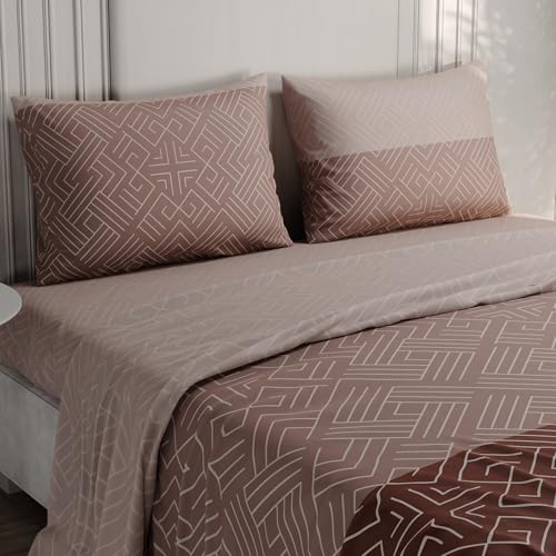 Image of BLISSHOME Everlast 150TC King Size Printed Bedsheet with 2 Pillow Covers for Double Bed, Aesthetic Bedding, Wrinkle Resistant, 100+ Wash Durable, Quick Dry, Geometric Pattern - Brown (228cm x 274cm)
