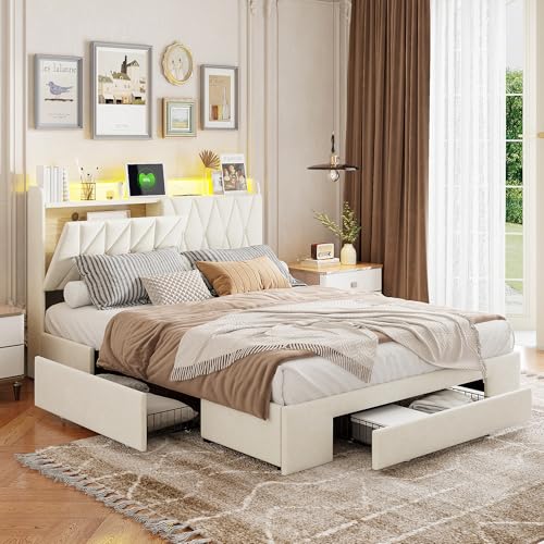 Callicarpa Cama doble de 160 x 200 cm con cabecero LED y puerto USB, cama de almacenamiento con cajones de almacenamiento, marco de cama juvenil, estilo europeo y americano, sin colchón