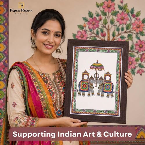 Image of PAPER PAJAMA Royal Elephant Vastu Wall Art for Living Room | Madhubani Elephant Pair Painting | Traditional Mithila Folk Art Framed Decor for Home, Office & Bedroom (10x13 Inches)