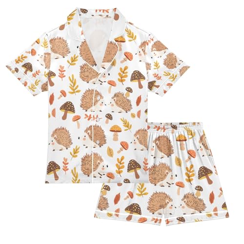 senya Mushroom Hedgehogs Satin Summer Pajama Sets Silk Short Sleeve Button Down Sleepwear