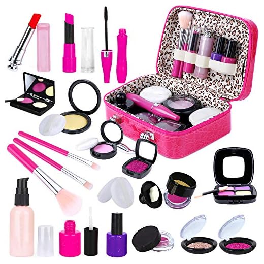 INNOCHEER Kids Pretend Makeup Kit with Cosmetic Bag for Girls 4-10 Year Old - Including Pink Brushes, Eye Shadows, Lipstick, Mascare, Gittler Pot, Liquid Foundation, Nail Polish and More