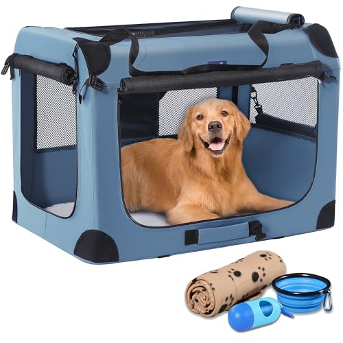Petprsco Soft Collapsible Dog Crate, 40 inch Portable Dog Crates for Large Dogs, XL Dog Crate for Travel, 3 Door Foldable Pet Kennel with Durable Mesh Windows Indoor & Outside