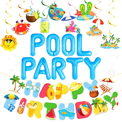 Image of Summer Pool Beach Hanging Swirls 9 Pack Ceiling Hanging Swirls Pool Party Balloons Swimming Pool Birthday Party Banner Beach Party Balloons