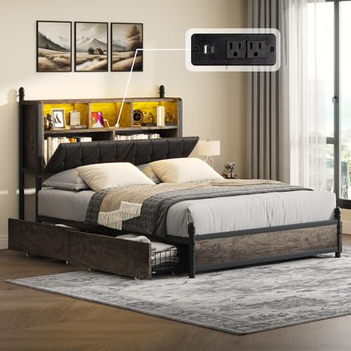 Queen-Bed-Frame-with-2-Tier-Storage-Headboard-Metal-LED-Platform-Bed-with-4-Storage-Drawers-Tufted-Linen-Upholstered-Hidden-Areas-and-Charging-Station-No-Box-Spring-NeededRustic-Grey Queen Bed Frame with 2 Tier Storage Headboard Metal LED Platform Bed with 4 Storage Drawers Tufted Linen Upholstered Hidden Areas and Charging Station No Box Spring NeededRustic Grey