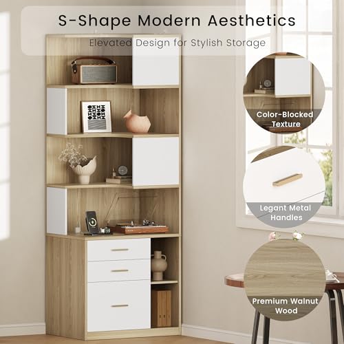 Image of ModernMate 74.4 inch Corner Bookshelf with 3 Drawers and Storage, Power Outlet