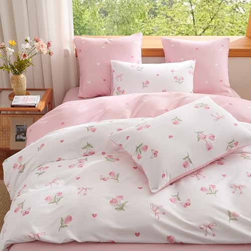 Image of Floral Duvet Cover Twin Size Pink White Flower Reversible Comforter Cover Set Butterfly Bow Heart Soft Breathable Microfiber Bedding Set with Zipper Closure and 1 Pillowcase