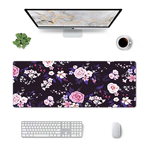 Image of Flower Gaming Mouse Pad 31.5x11.8 Inch with Stitched Edges Extended Waterproof Floral Desk Pads Non-Slip Rubber Base Large Keyboard Mat Computer Gaming Mousepad for Work /Office /Home