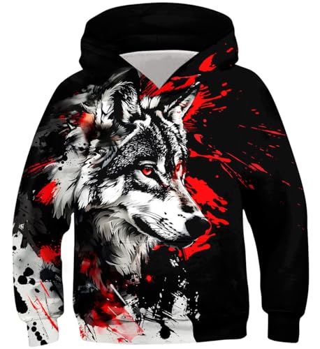 kids4ever Kinder Jungen Hoodie 3D Pullover Blut Wolf Gedruckt Kapuzenpullover Lässige Langarm Kapuzen Sweatshirt mit Tasche 14-16 Jahre