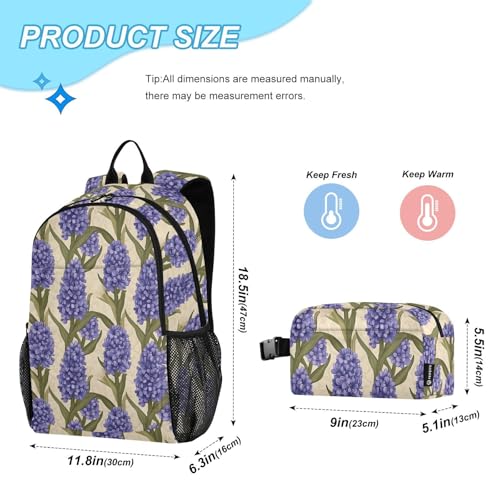 Travel Backpack Lunch Bag Set for Hiking Picnic, Backpacks with Insulated Lunch Box Lavender Pattern Print2