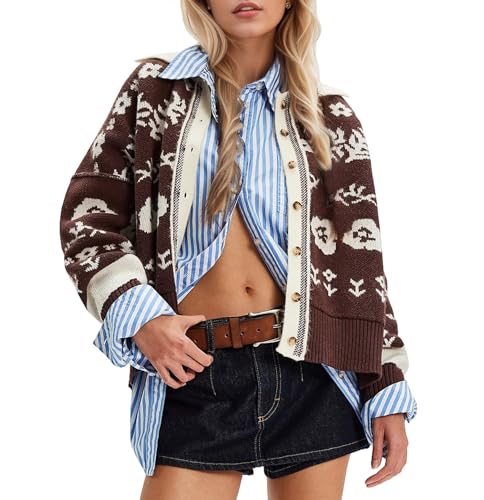 Burtell Floral Cropped Cardigan Sweaters for Women V Neck Long Sleeve Button Down Cardigans Color Block Knit Tops Fall Jacket Brown