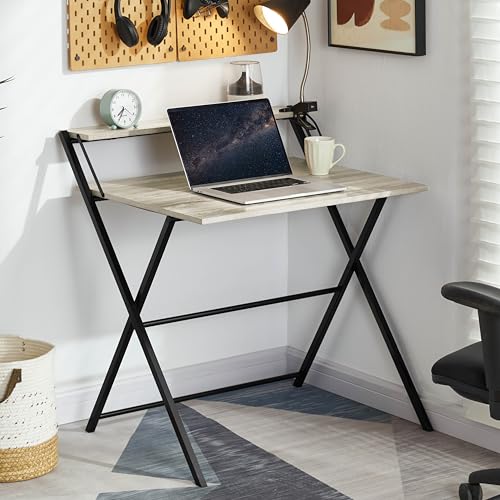 Vida Designs Folding Desk 82cm No Assembly Computer Desk With Shelf Modern Space Saving Writing Study PC Table for Home Office (Grey)
