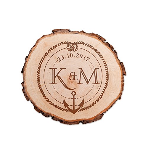Casa Vivente - Tranche de Tronc d'arbre - Gravure - Ancre et Noeud - Monogramme - Personnalisée avec [INITIALES] du Couple et [Date] - Plaque de Porte pour Couples - Cadeau de Mariage - Déco Maritime