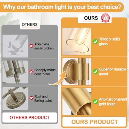 Image of Wall Sconces Set of Two, Brushed Gold Bathroom Sconces Wall Lighting with Clear Glass, Hardwired Modern Sconces Wall Decor Set of 2 for Bathroom Mirror Bedroom Living Room Hallway