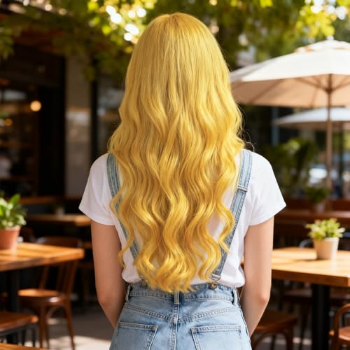 Image of S-noilite Yellow Wig with Bangs for Women 26 inch Long Wavy Cosplay Wig Heat Resistant Synthetic Hair Colorful Anime Costume Wig for Halloween Party