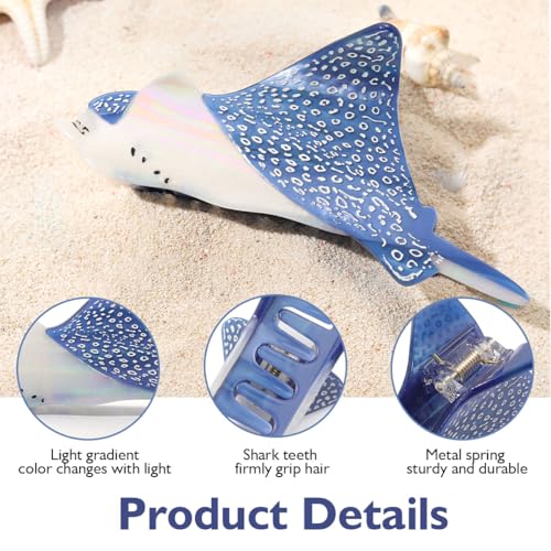 Eagle Ray Hair Claw Clip – Iridescent Blue Gradient, 5.1 Inch, Shark Teeth Grip – Color-Shifting Acetate Clip for Women, Beach & Everyday