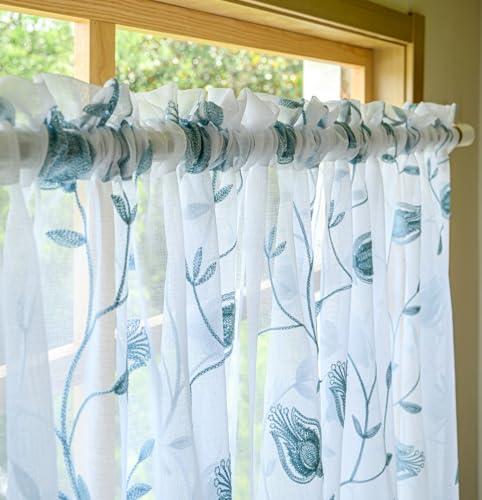 Image of Blue Sheer Curtains 84 Inches Long, Floral Embroidered Rod Pocket Sheer Drapes for Living room, Bedroom, 2 Panels, 52 inchx 84 inch, Semi Crinkle Voile Window Treatments for Yard, Patio, Villa, Parlor .