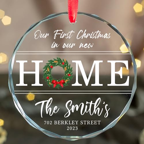 Personalized First Christmas in Our New Home Crystal Ornament - Custom Family Name and Address, Housewarming Gift, New Address Keepsake, New Owner Gift, First Home Hanging Decor