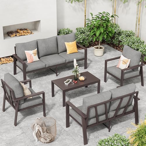 Image of Aluminum Patio Furniture Set 5 Pieces Modern Patio Conversation Sets for Porch, Deck, Garden, 7-Seat Outdoor Furniture Metal Sofa Set with 4 inch Water-Resistant Cushion & Coffee Table,Gray