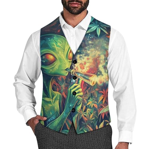 Green Aliens Weed Suit Vest for Men Slim Fit Sleeveless Jacket V Neck Business Waistcoat Button Up Dressy Top