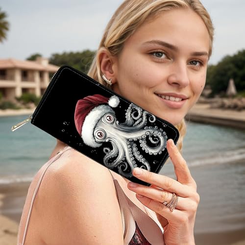 Image of RFID Blocking Leather Wallet for Women - Large Capacity Zip Around Clutch with 8 Card Slots,39 Cash Pockets & Coin Zipper,Funny Octopus Design