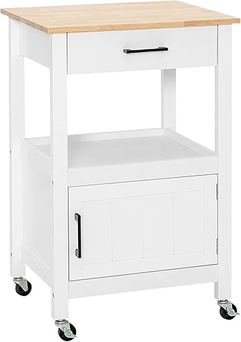 SILKYDRY Isla de cocina pequeña con almacenamiento carrito de cocina con ruedas con cajón parte superior de madera de goma 3 ganchos estante abierto