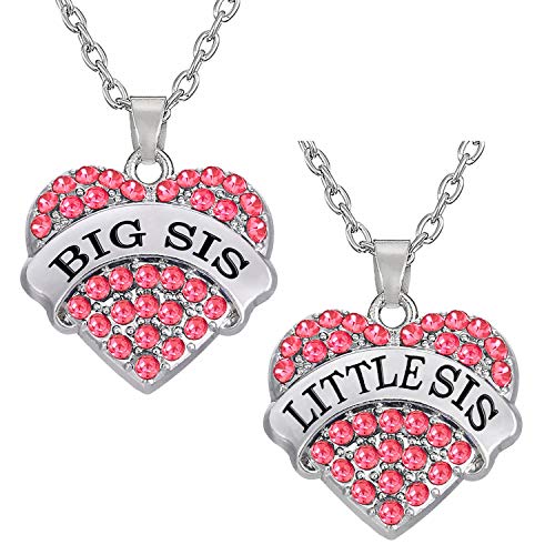 Big Sister Little Sister Necklace Set Big Sis Little Sis Matching Jewelry Girls Crystal Heart Pendant Necklace (Pink Big Sis & Little Sis)