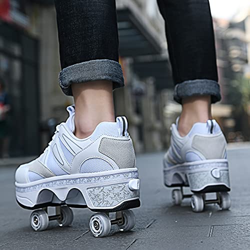Image of Roller Skates for Women /Girls, Retractable Kick Roller Shoes with Wheels for Men, Outdoor Quad Wheel Rink Skates Adjustable Deformation Sneakers for Adult /Boys