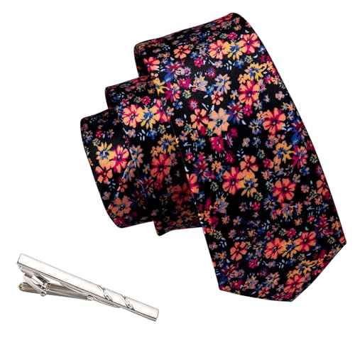 Image of Barry.Wang Floral Ties for Men Flower Necktie with Tie Clip Formal