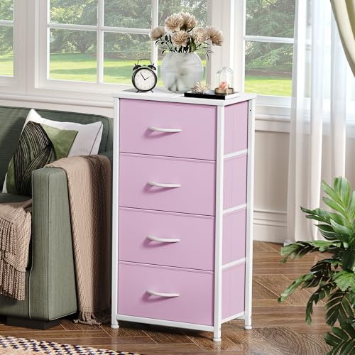 DWVO Storage Drawer with 4 Drawers - Fabric Dressers, Dresser for Living Room, Closets - Sturdy Steel Frame, Wooden Top & Easy Pull Fabric Bins, Cool Pink