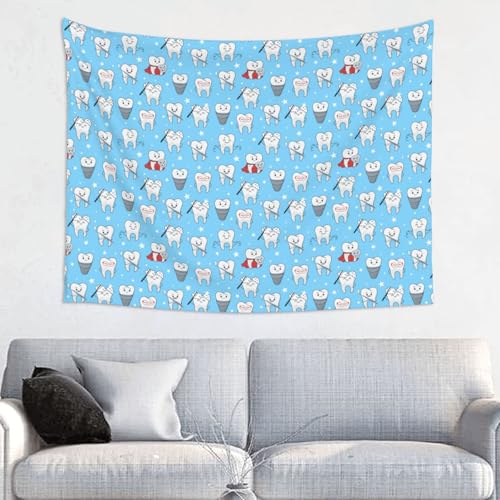 HDTVTV Patrón de dibujos animados de dientes divertidos dentales,Tapiz decorativo de pared duradero para el hogar, 73 x 95 cm