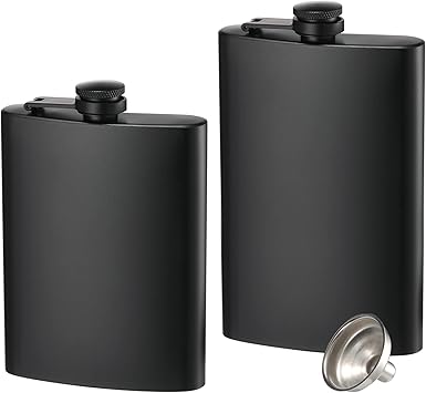 2 Pack Hip Flasks for Liquor, 8 Oz & 12 Oz Stainless Steel Leakproof Thin Flasks with Funnel for Men & Women Matte Black