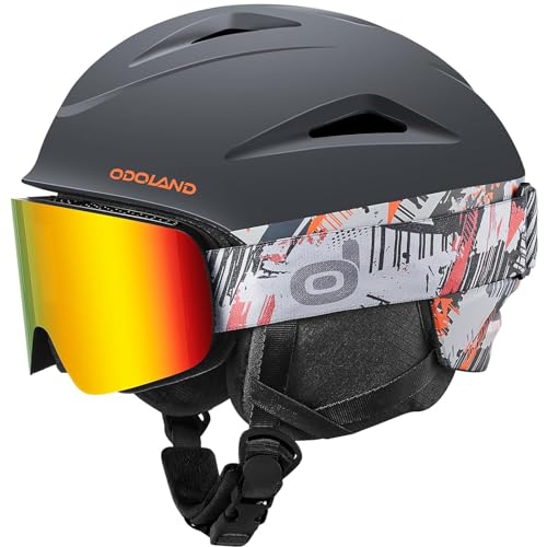 Odoland スキーヘルメット＋スノーゴーグルセット ダイヤル式サイズ調整 スノーボードヘルメット メガネ対応 平面レンズ 防風 曇り止め 耐衝撃 UVカット 大人用 男女兼用