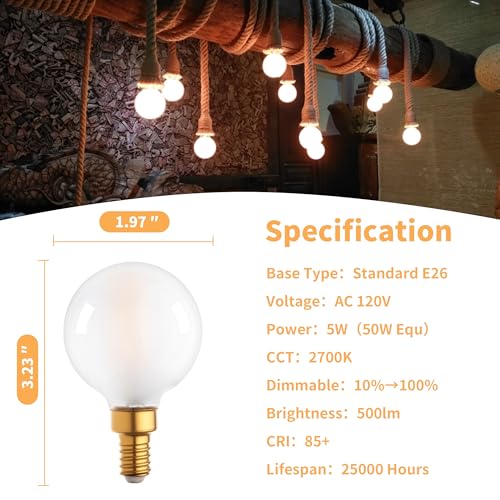 runquiz E12 Frosted G16.5 Led Bulb, Matt Vanity Globe Light Bulbs, Dimmable Globe Small Round Edison Light Bulbs, 5w 2700K Vintage LED Filament Edison Bulb by runquiz - Used condition - Image 3